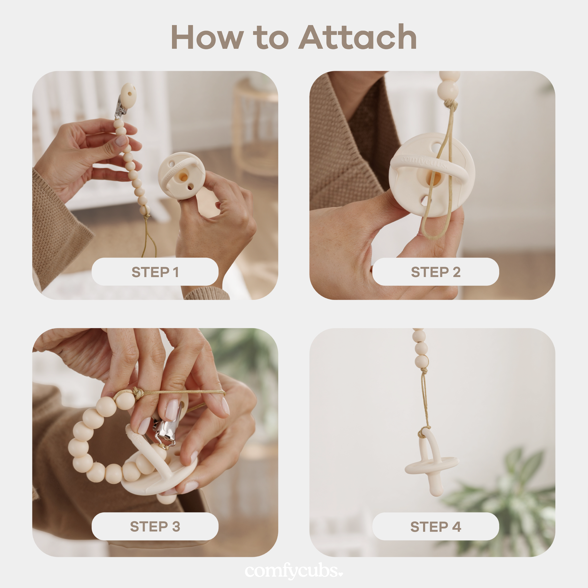 Pacifier Clips in Beige & Light Beige, 2 Pack