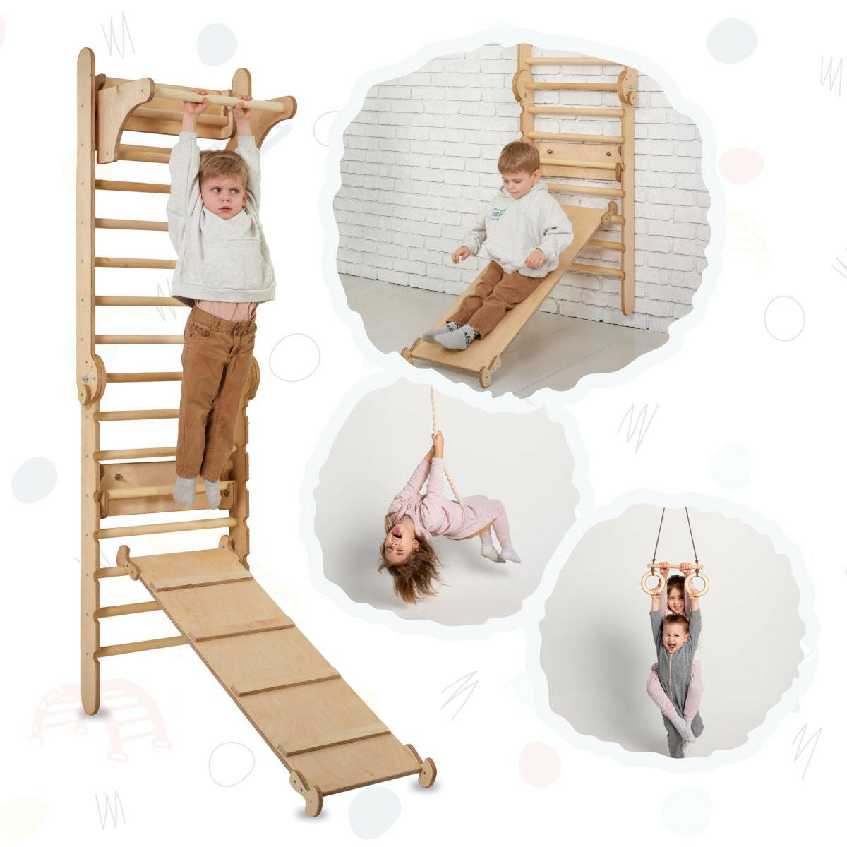 4in1 Climbing Set: Wooden Swedish Wall + Swing Set + Slide Board + Triangle Ladder Swedish wall Goodevas