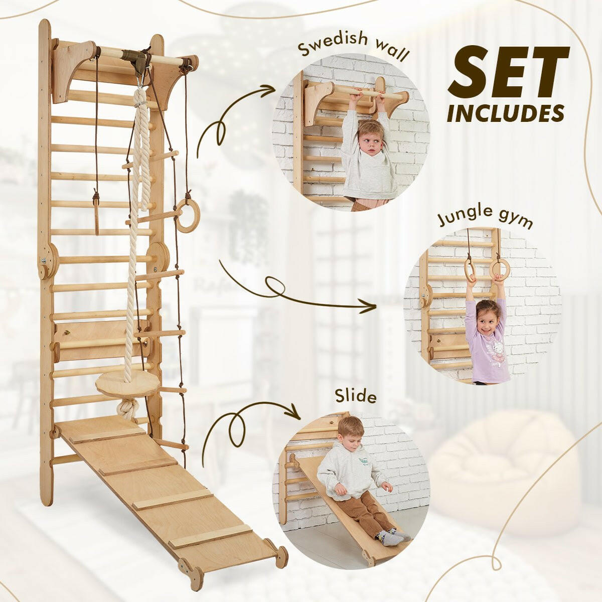 4in1 Climbing Set: Wooden Swedish Wall + Swing Set + Slide Board + Triangle Ladder Swedish wall Goodevas