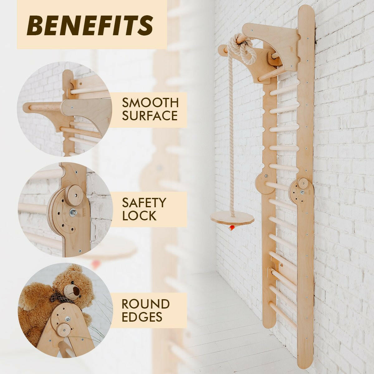 4in1 Climbing Set: Wooden Swedish Wall + Swing Set + Slide Board + Triangle Ladder Swedish wall Goodevas