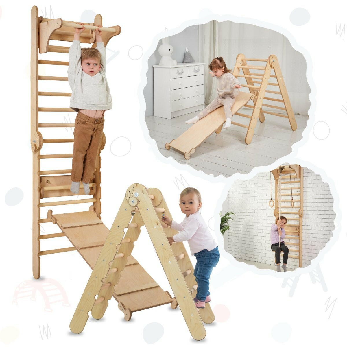 4in1 Climbing Set: Wooden Swedish Wall + Swing Set + Slide Board + Triangle Ladder Swedish wall Goodevas