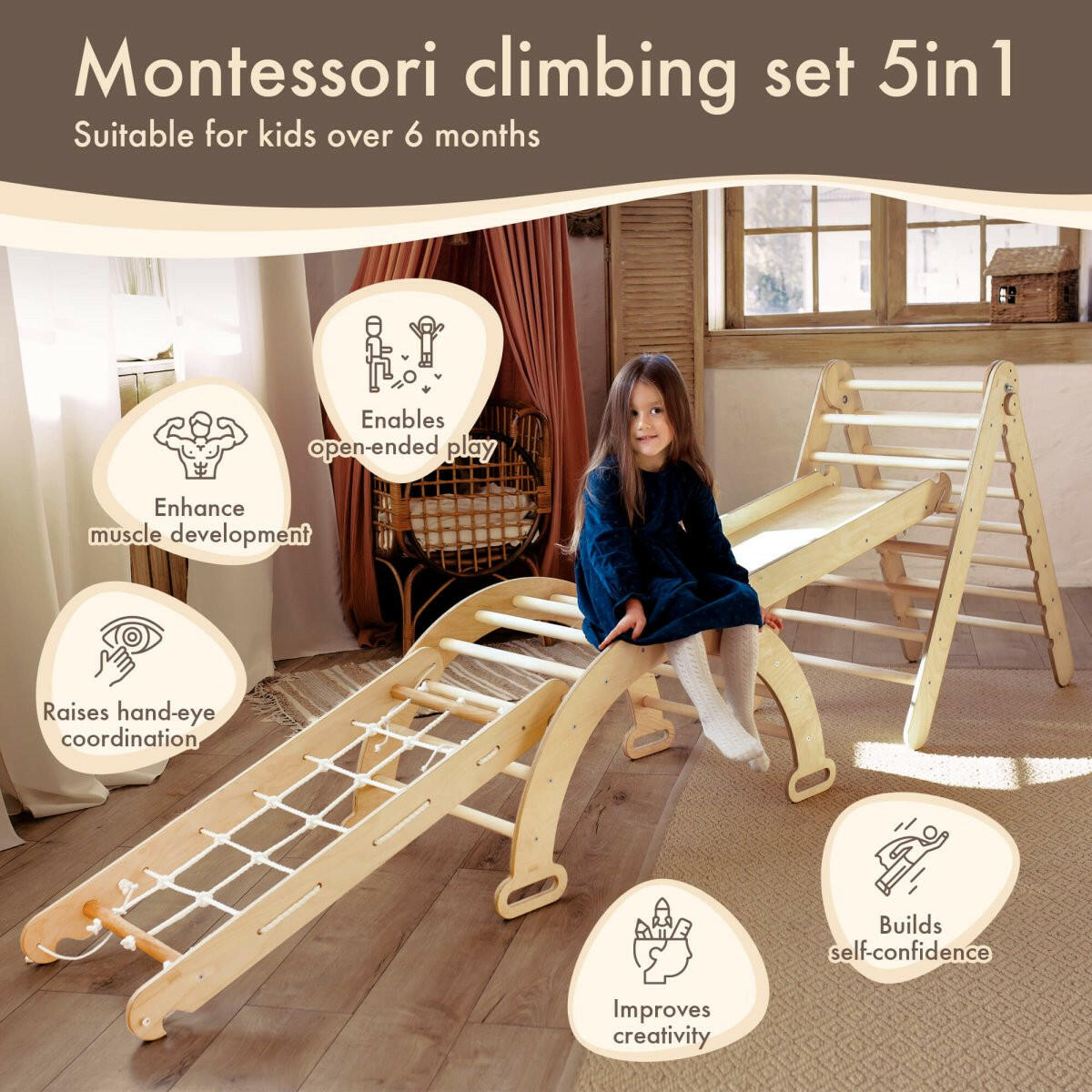 4in1 Montessori Climbing Set: Triangle Ladder + Arch/Rocker + Slide Board/Ramp + Climbing Net – Beige 4in1 Playsets Goodevas