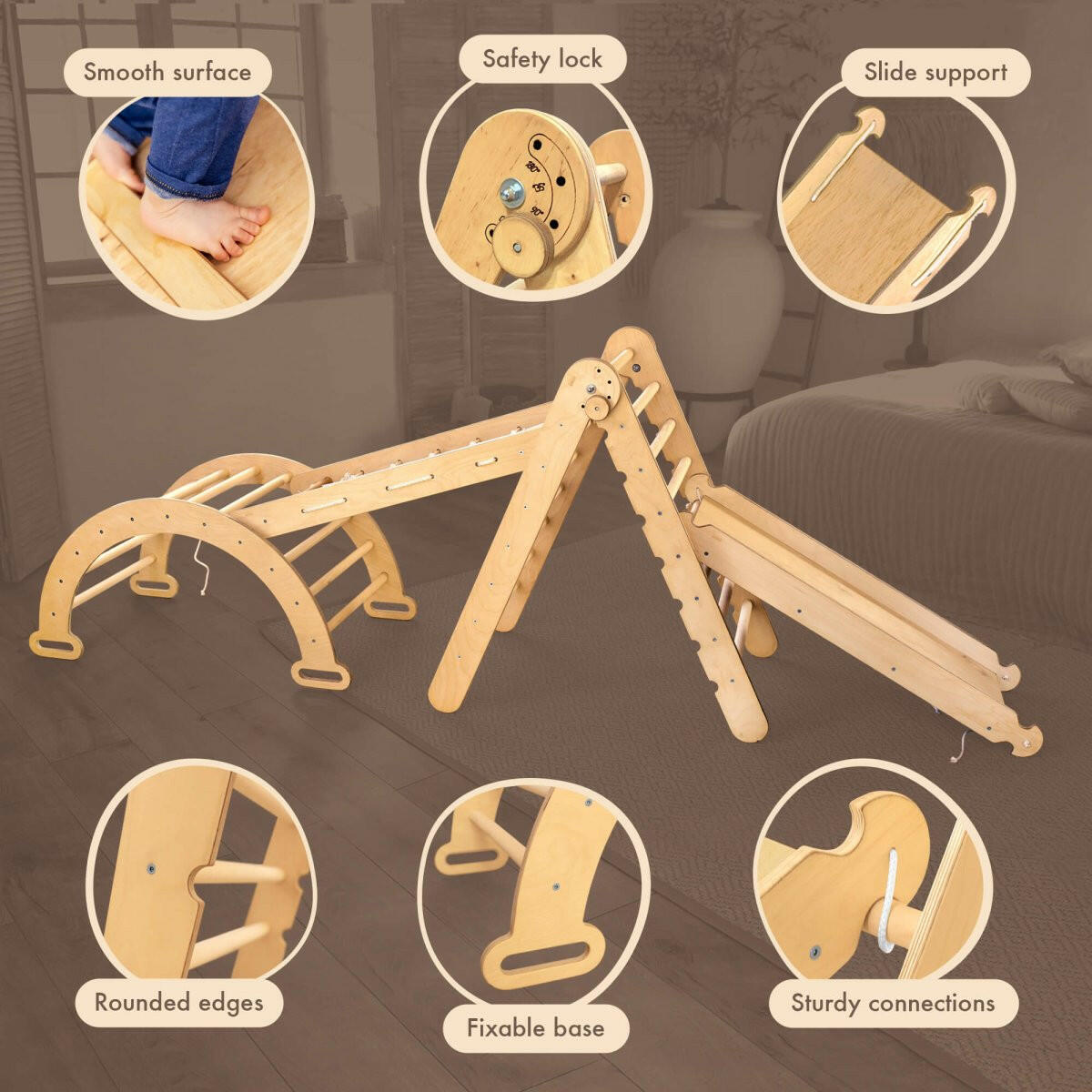 4in1 Montessori Climbing Set: Triangle Ladder + Arch/Rocker + Slide Board/Ramp + Climbing Net – Beige 4in1 Playsets Goodevas