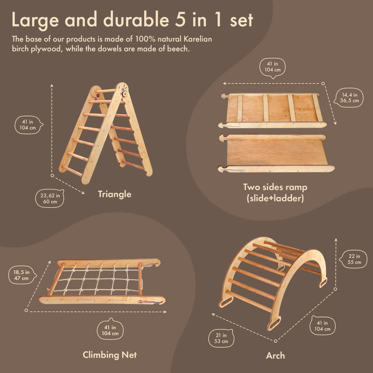 4in1 Montessori Climbing Set: Triangle Ladder + Arch/Rocker + Slide Board/Ramp + Climbing Net – Beige 4in1 Playsets Goodevas