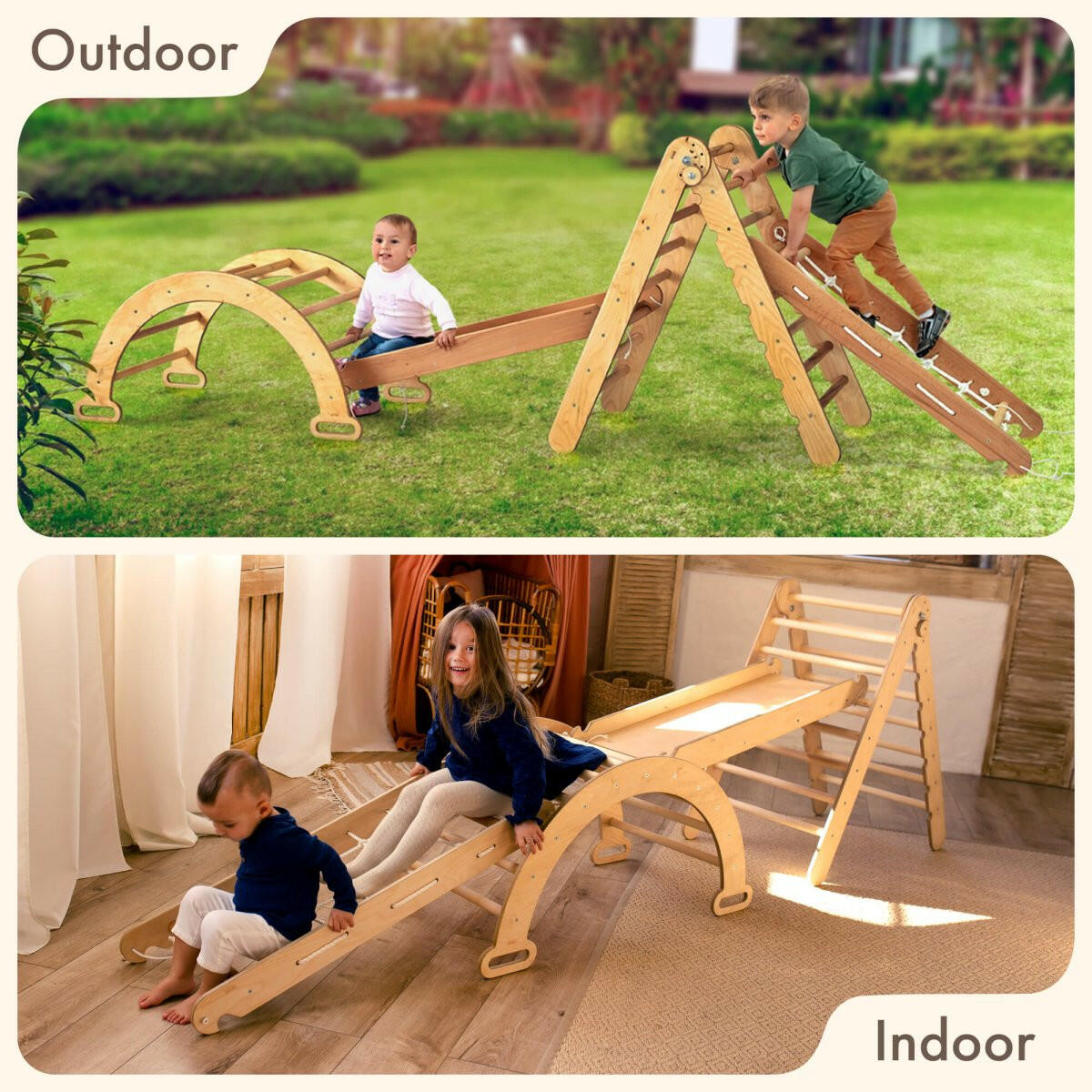 4in1 Montessori Climbing Set: Triangle Ladder + Arch/Rocker + Slide Board/Ramp + Climbing Net – Beige 4in1 Playsets Goodevas