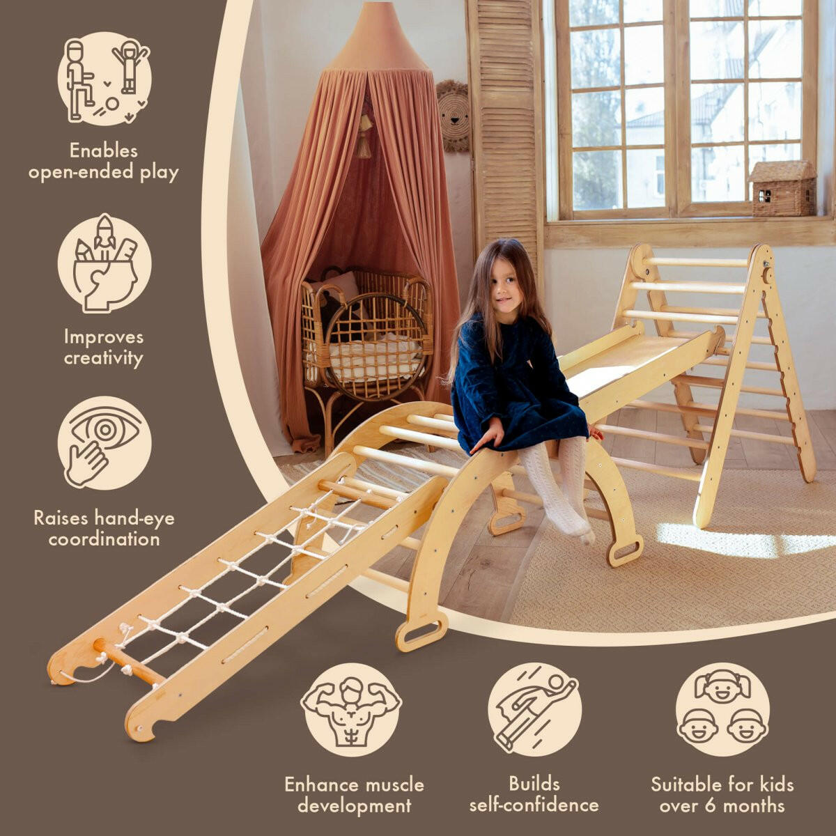 4in1 Montessori Climbing Set: Triangle Ladder + Arch/Rocker + Slide Board/Ramp + Climbing Net – Beige 4in1 Playsets Goodevas