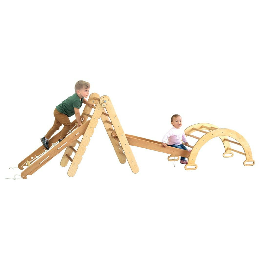 4in1 Montessori Climbing Set: Triangle Ladder + Arch/Rocker + Slide Board/Ramp + Climbing Net – Beige 4in1 Playsets Goodevas Beige