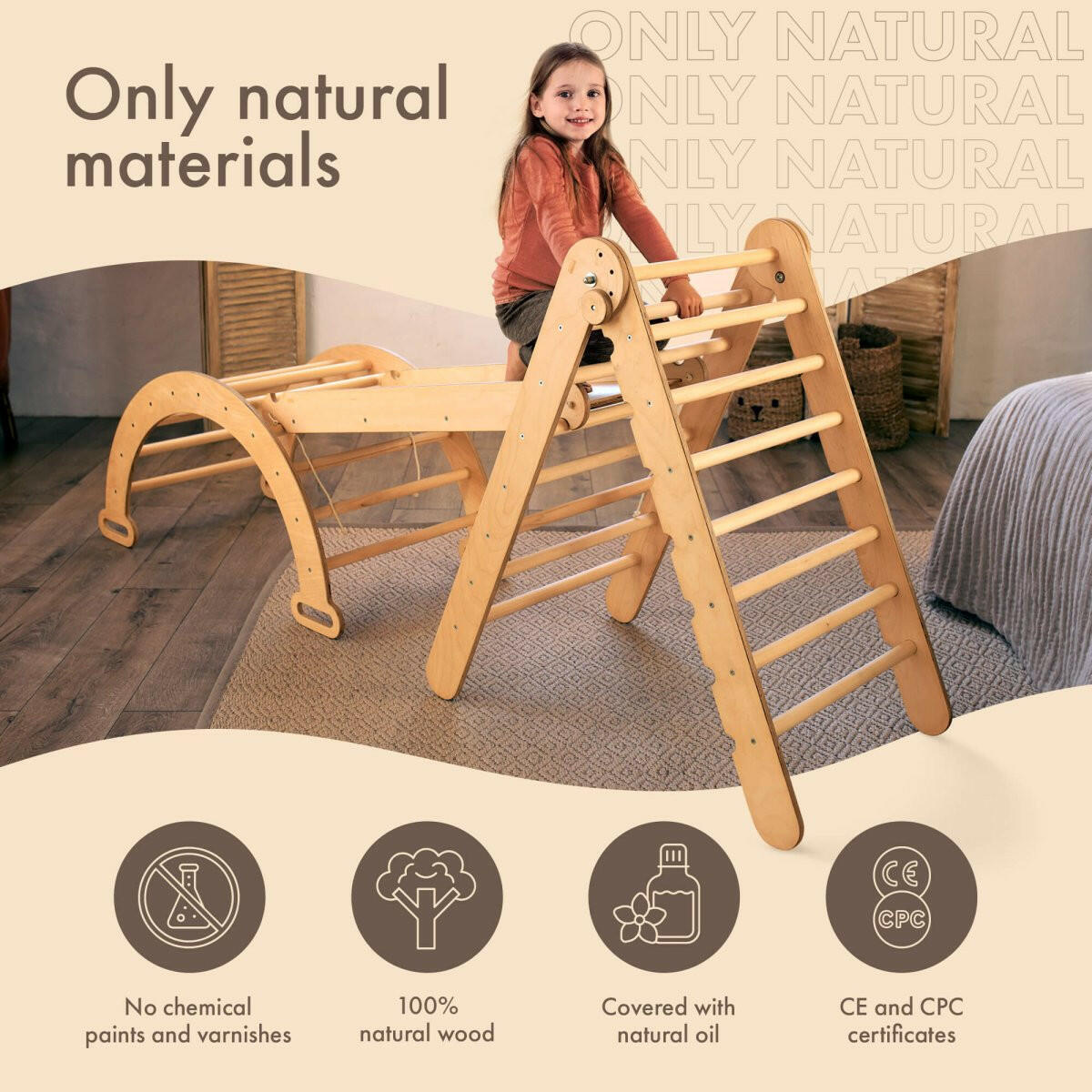 4in1 Montessori Climbing Set: Triangle Ladder + Arch/Rocker + Slide Board/Ramp + Climbing Net – Beige 4in1 Playsets Goodevas