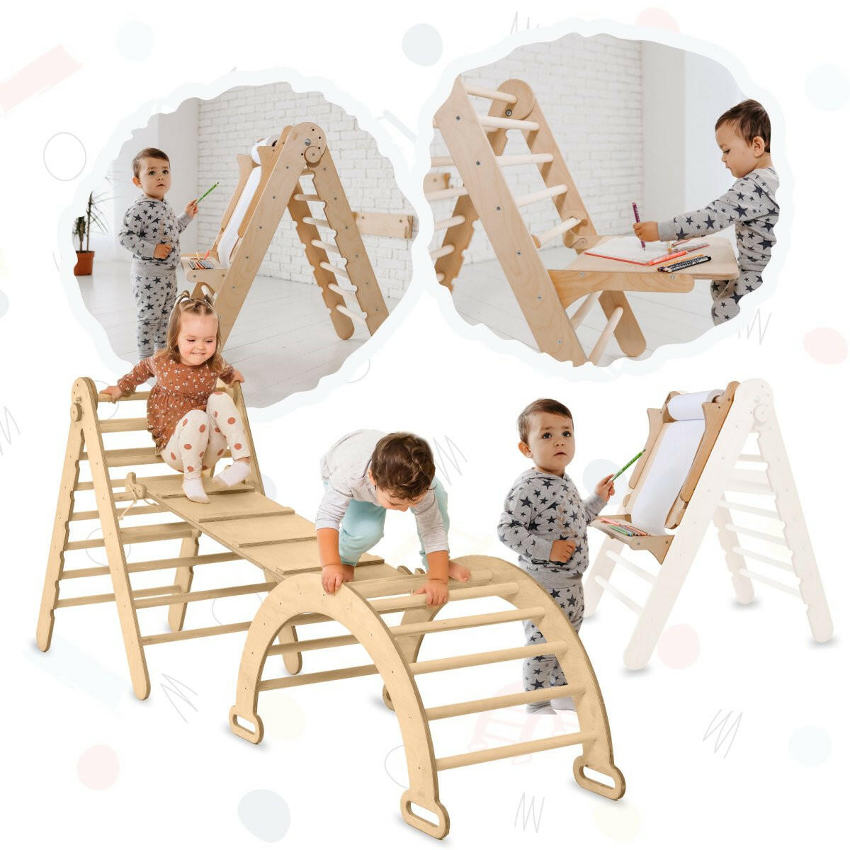 4in1 Montessori Climbing Set: Triangle Ladder + Climbing Arch + Slide Board + Art Addition 4in1 Playsets Goodevas