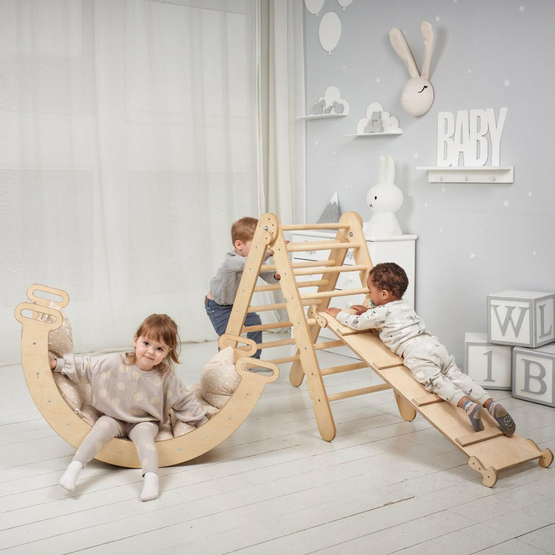 4in1 Montessori Climbing Set: Triangle Ladder + Climbing Arch + Slide Board + Cushion Beige 4in1 Playsets Goodevas