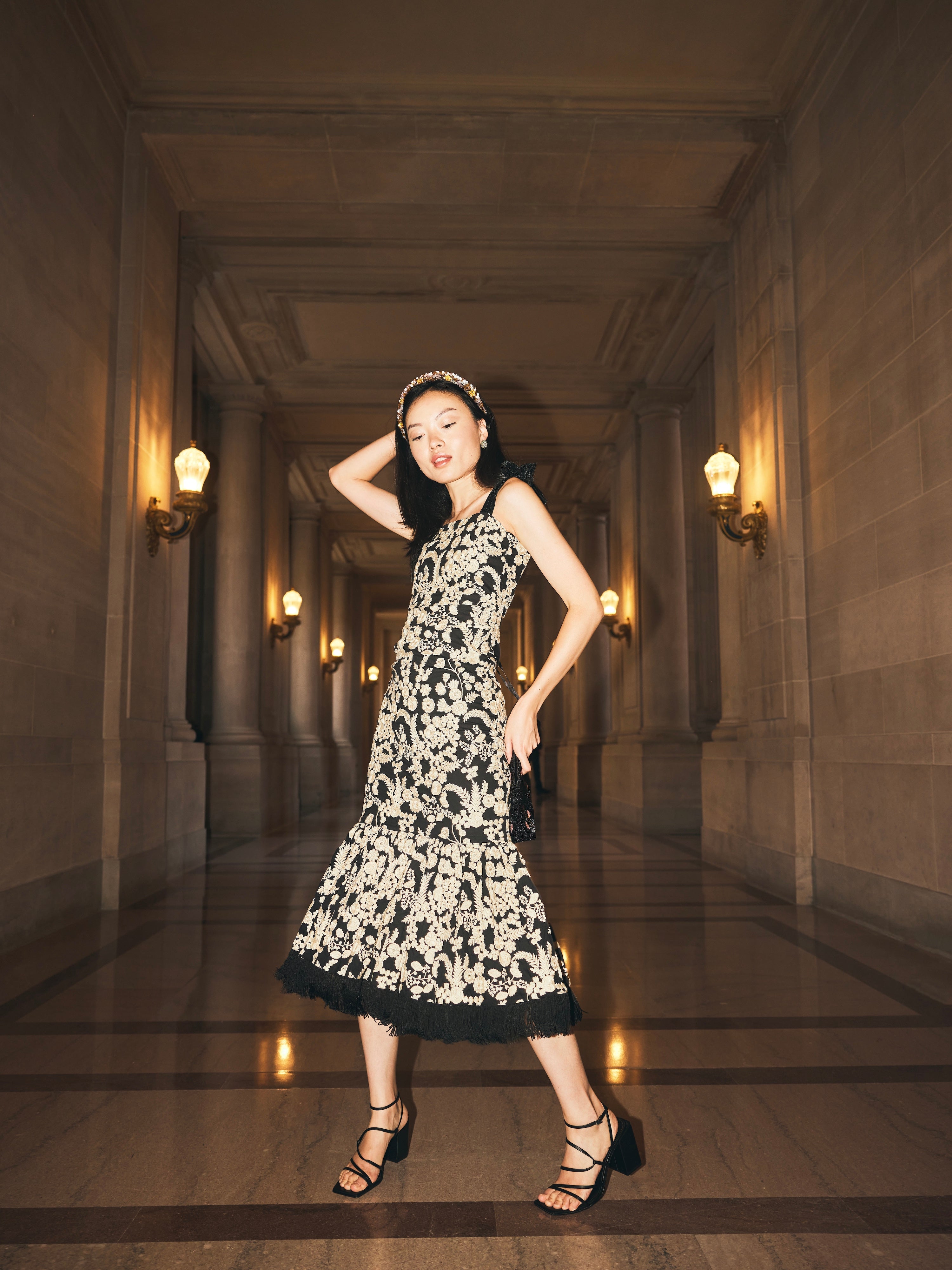 Doris Embroidered Fringe Midi Dress - Midnight/Cream Floral embroidery