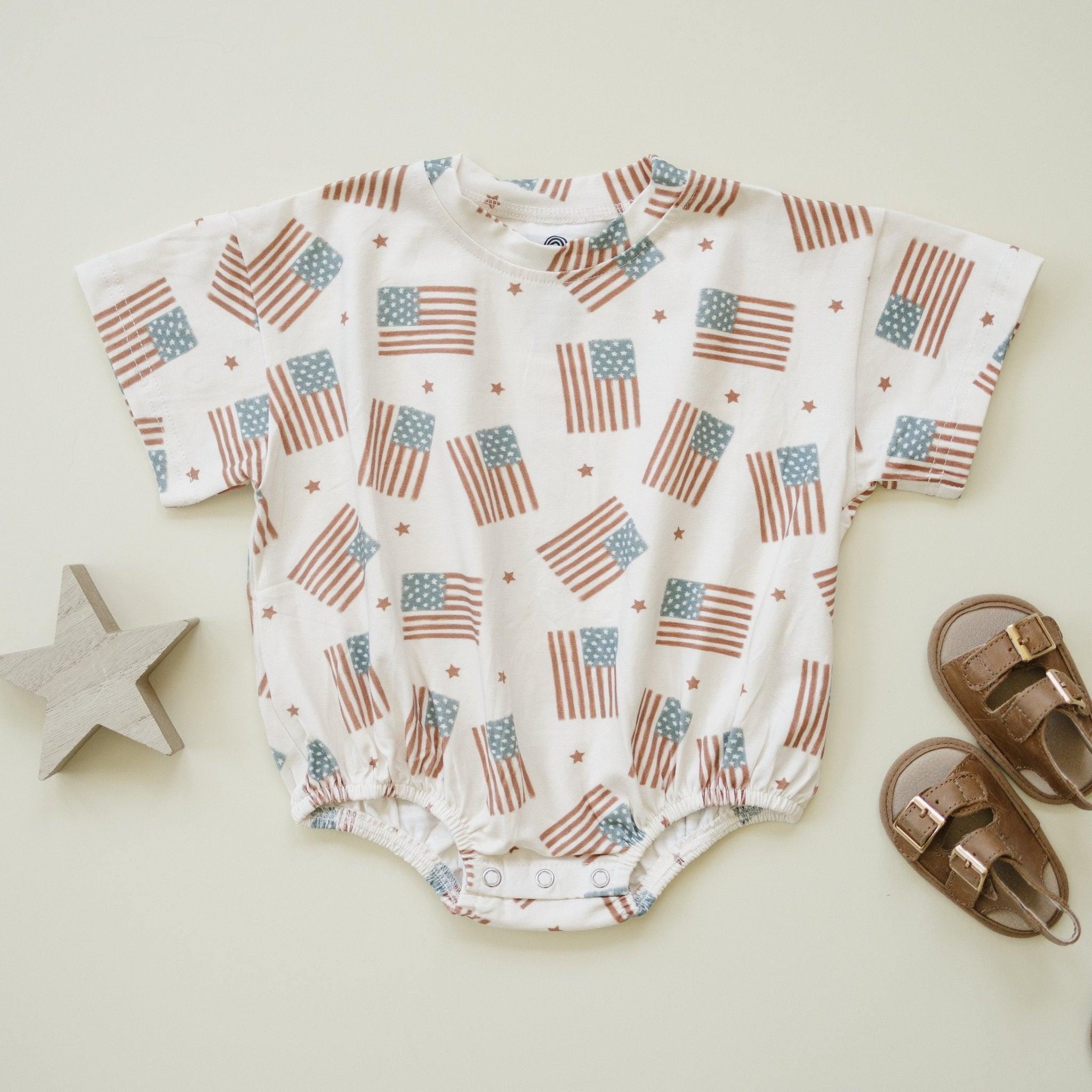 4th of July Flag Print T-Shirt Romper - optional custom embroidery