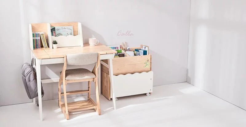 Calla Adjustable Solid Wood Growth Desk with Easel - Rubberwood Construction - Natural Color - Storage Drawers MesaSilla USA