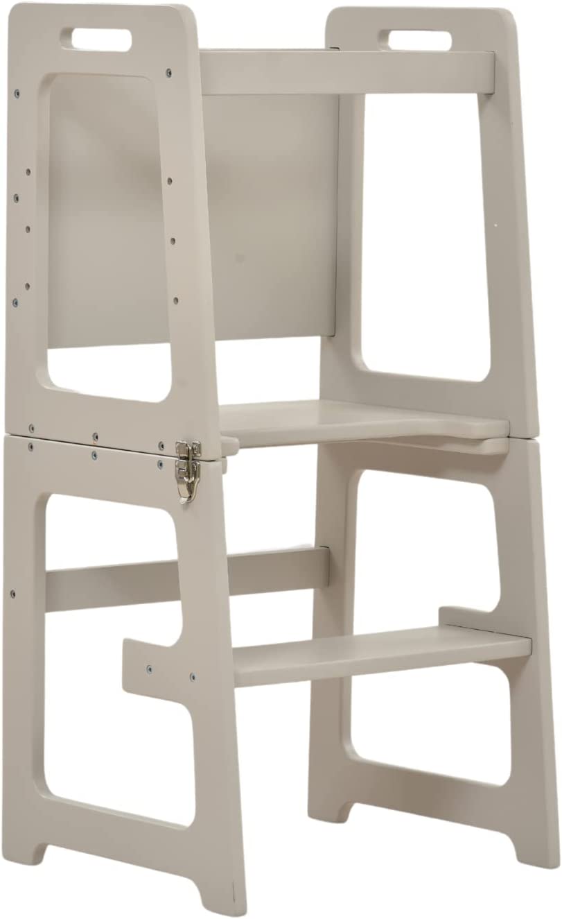 Date - 4 in 1 Kitchen Tower, Desk, Step Stool and Chalkboard Indoor Avenlur.com Gray