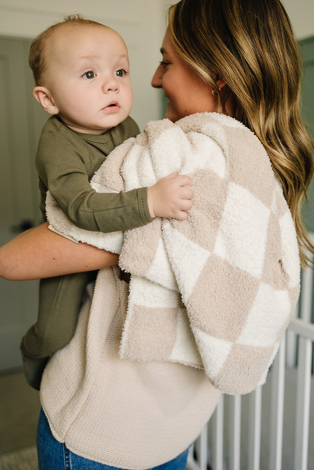 Taupe Checkered Plush Blanket  Mebie Baby