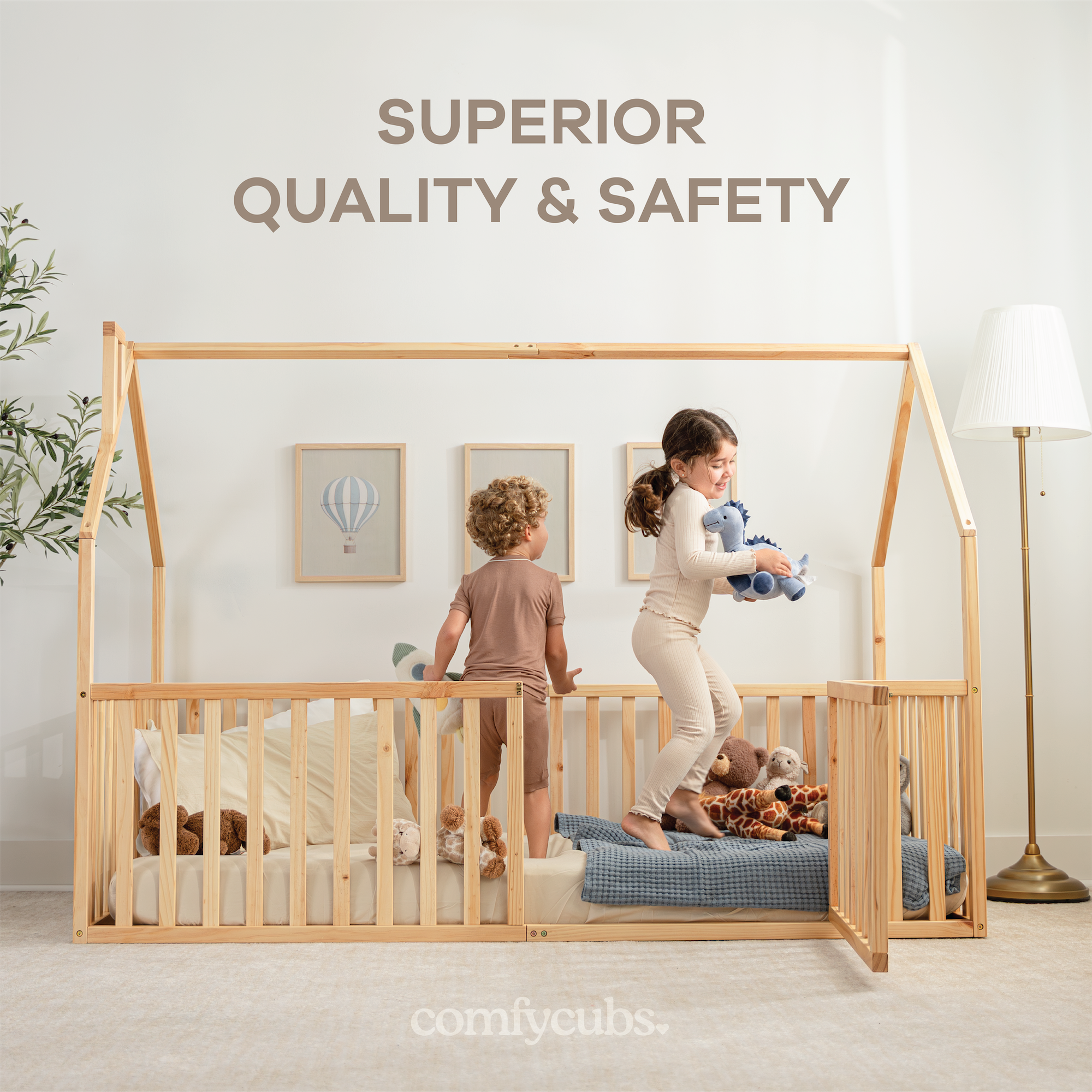 Kids House Gated Floor Bed Twin Size for Children Aged 5+, Natural Wood