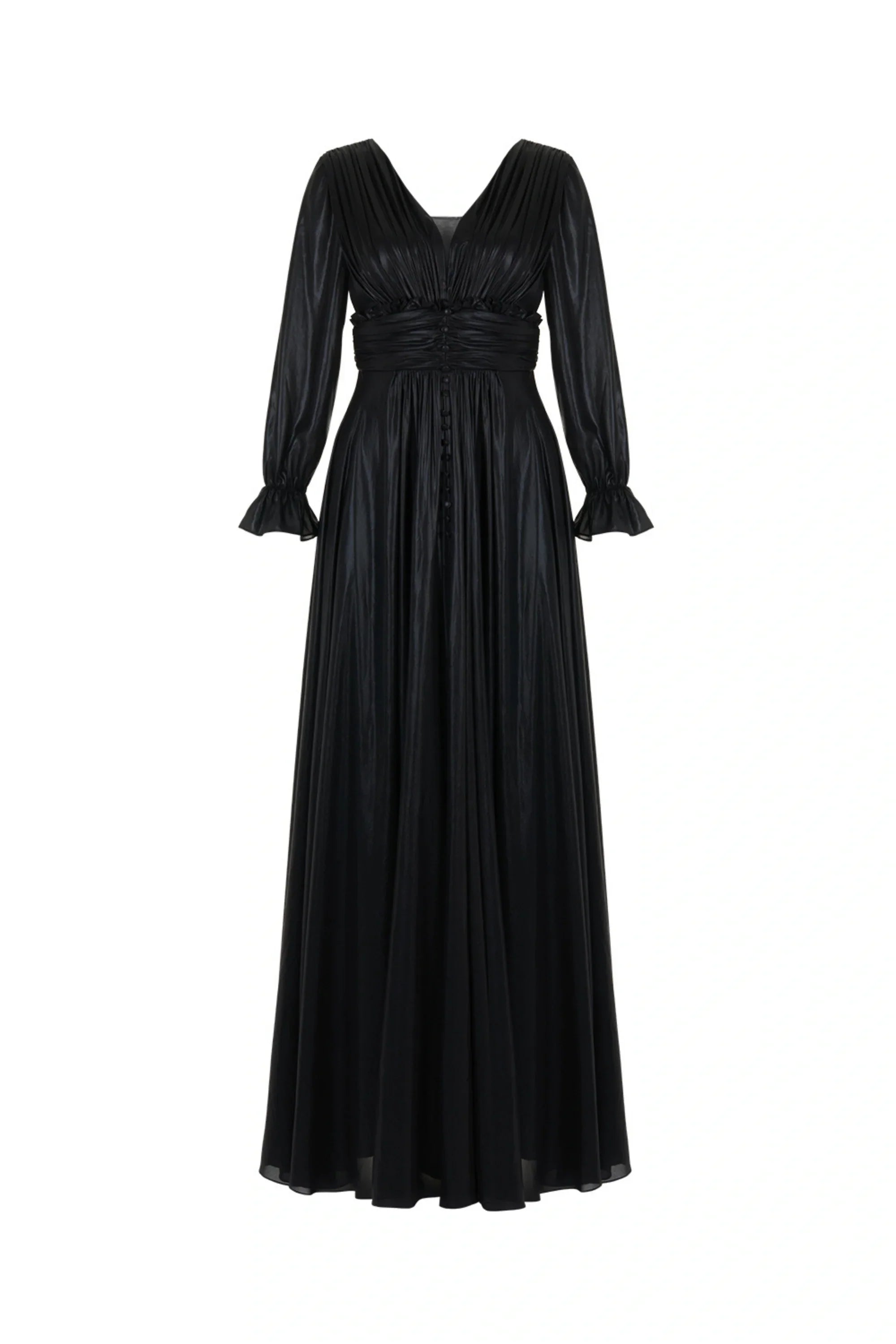 V-Neck Ruched Long Dress - Black