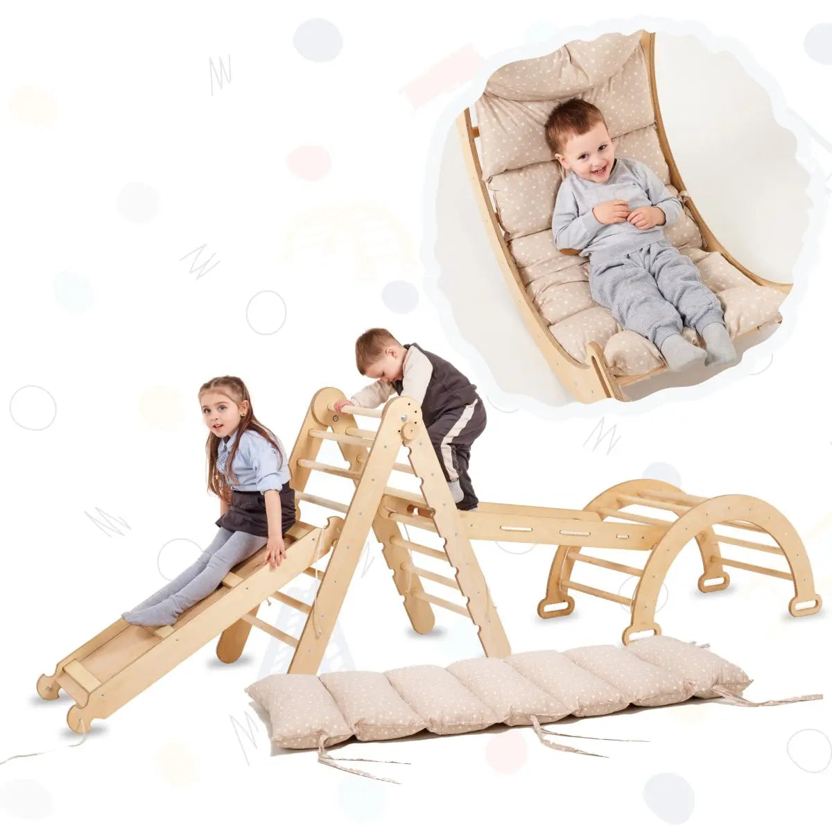 5in1 Montessori Climbing Frame Set: Triangle Ladder + Arch/Rocker + Slide Board/Ramp + Netting rope + Cushion 5in1 Playsets Goodevas