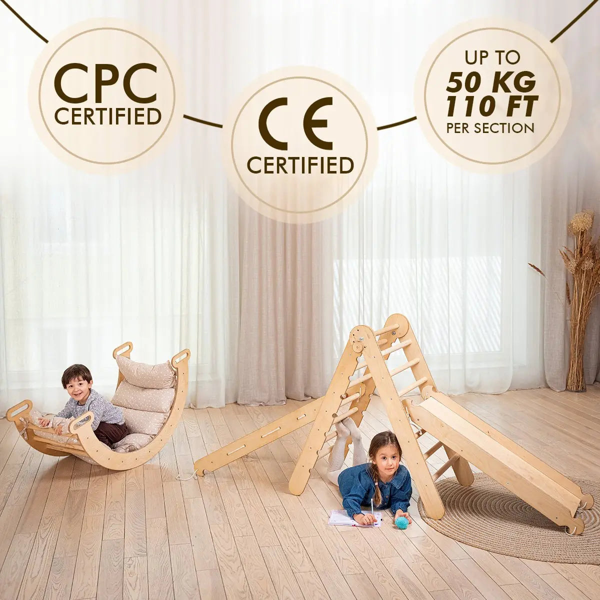 5in1 Montessori Climbing Frame Set: Triangle Ladder + Arch/Rocker + Slide Board/Ramp + Netting rope + Cushion 5in1 Playsets Goodevas
