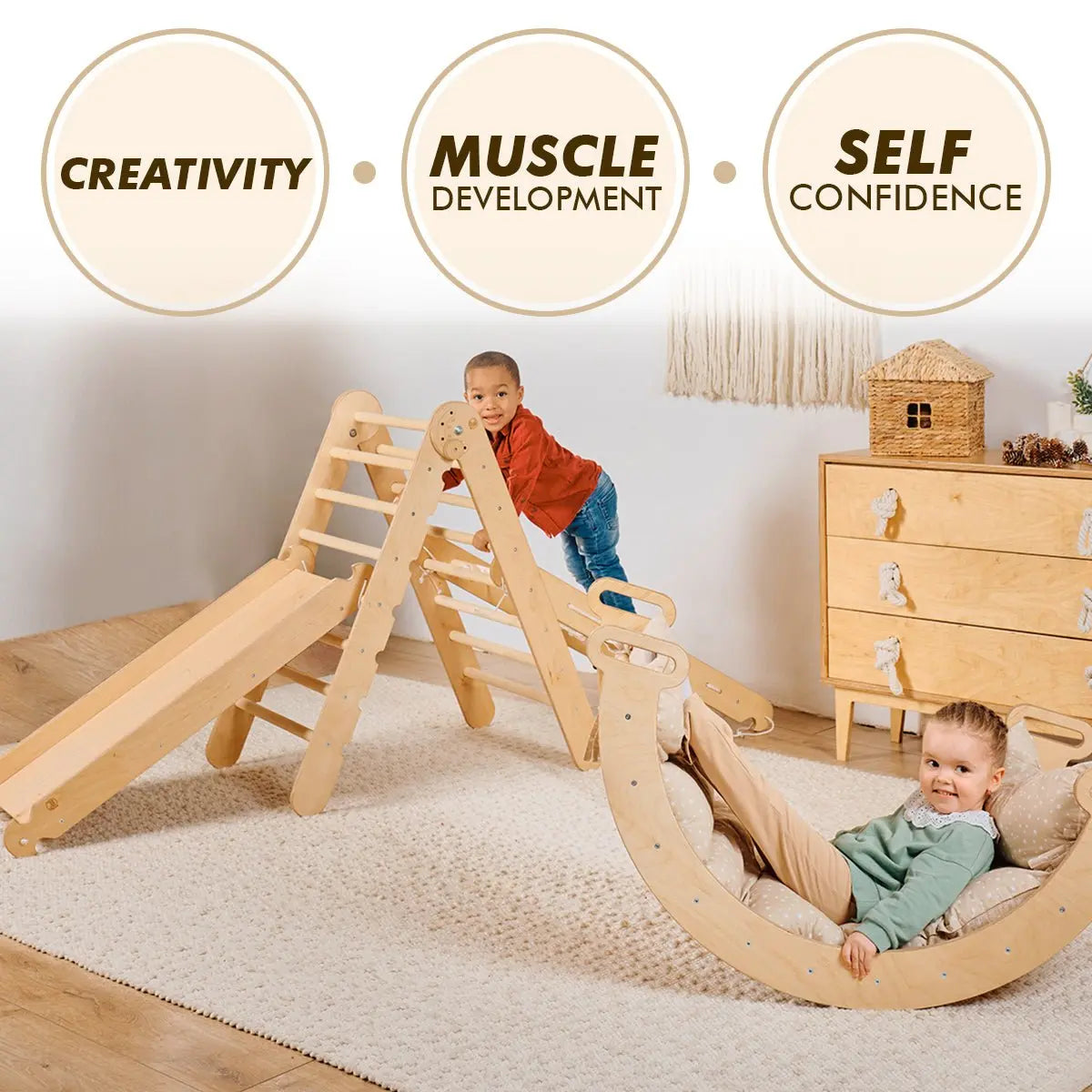 5in1 Montessori Climbing Frame Set: Triangle Ladder + Arch/Rocker + Slide Board/Ramp + Netting rope + Cushion 5in1 Playsets Goodevas