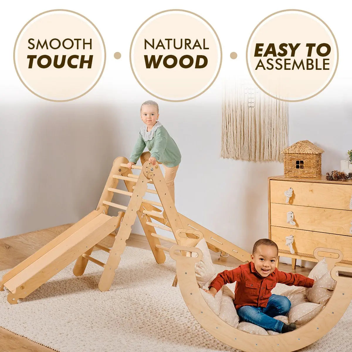 5in1 Montessori Climbing Frame Set: Triangle Ladder + Arch/Rocker + Slide Board/Ramp + Netting rope + Cushion 5in1 Playsets Goodevas