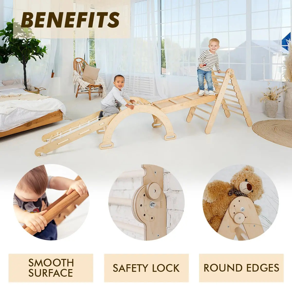 5in1 Montessori Climbing Frame Set: Triangle Ladder + Arch/Rocker + Slide Board/Ramp + Netting rope + Cushion 5in1 Playsets Goodevas