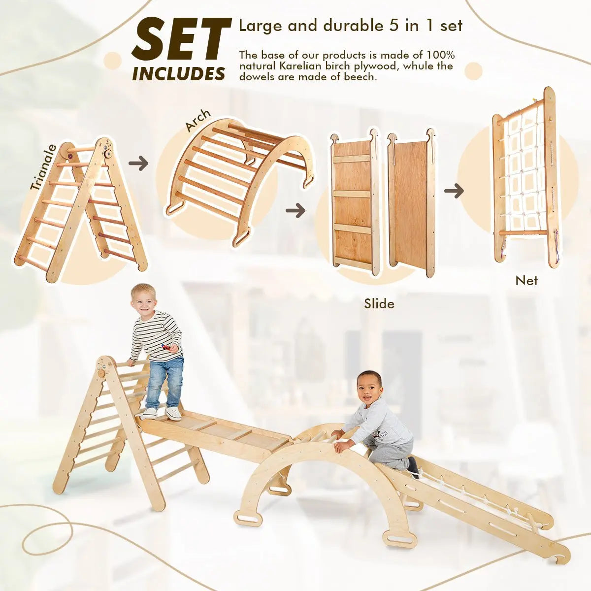 5in1 Montessori Climbing Frame Set: Triangle Ladder + Arch/Rocker + Slide Board/Ramp + Netting rope + Cushion 5in1 Playsets Goodevas