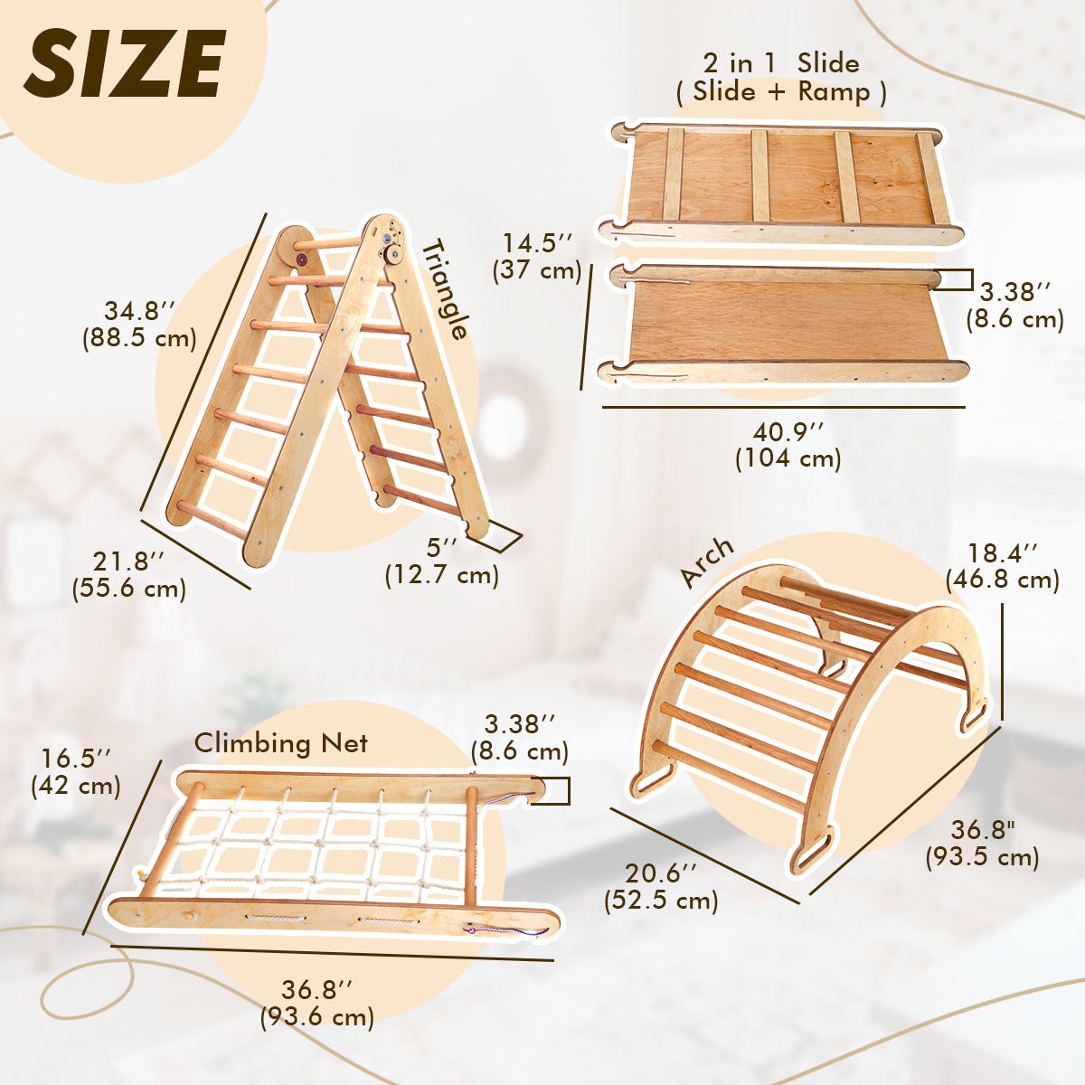 5in1 Montessori Climbing Frame Set: Triangle Ladder + Arch/Rocker + Slide Board/Ramp + Netting rope + Cushion 5in1 Playsets Goodevas