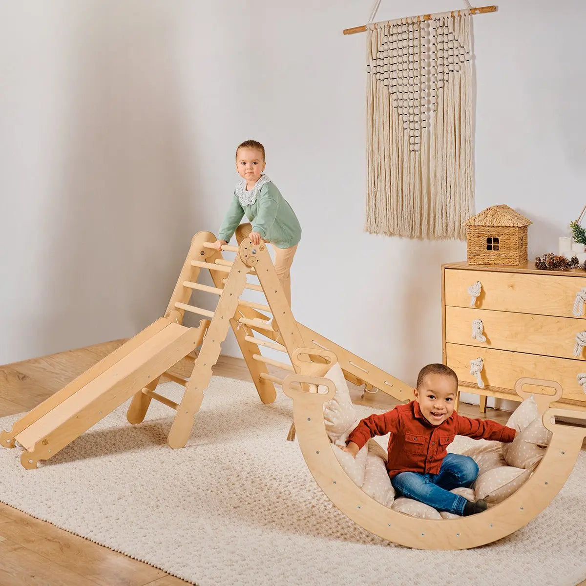 5in1 Montessori Climbing Frame Set: Triangle Ladder + Arch/Rocker + Slide Board/Ramp + Netting rope + Cushion 5in1 Playsets Goodevas Beige