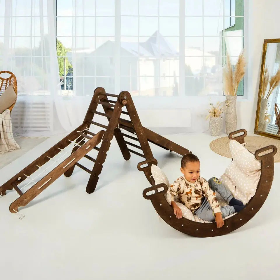 5in1 Montessori Climbing Frame Set: Triangle Ladder + Arch/Rocker + Slide Board/Ramp + Netting rope + Cushion 5in1 Playsets Goodevas Chocolate