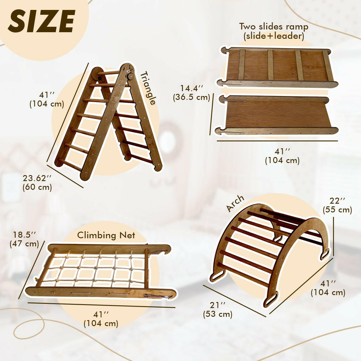 5in1 Montessori Climbing Set: Triangle Ladder + Arch/Rocker + Slide Board/Ramp + Net + Cushion – Chocolate 5in1 Playsets Goodevas
