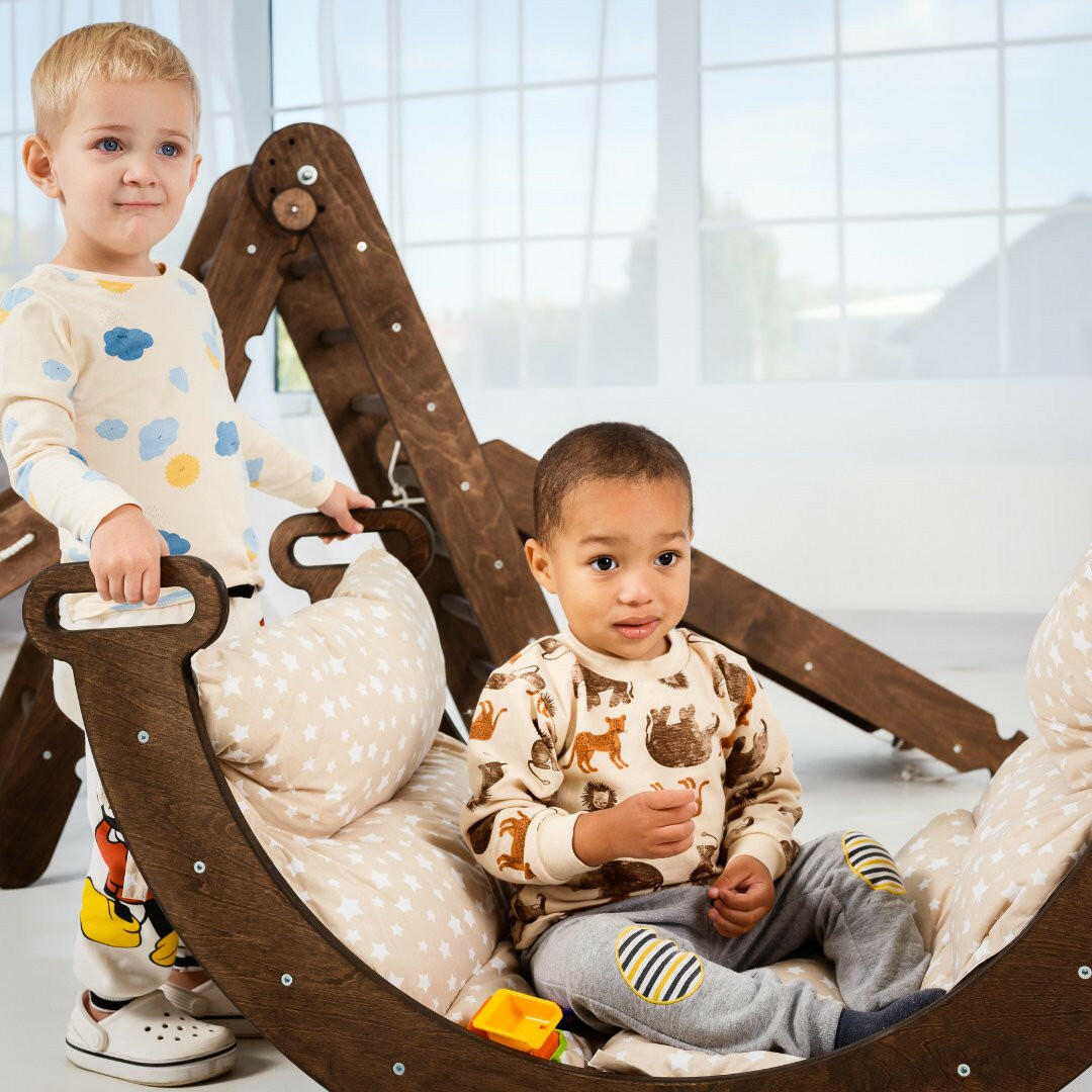 5in1 Montessori Climbing Set: Triangle Ladder + Arch/Rocker + Slide Board/Ramp + Net + Cushion – Chocolate 5in1 Playsets Goodevas