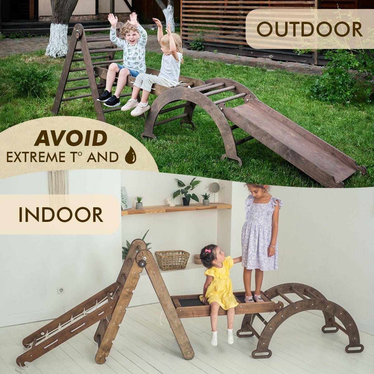5in1 Montessori Climbing Set: Triangle Ladder + Arch/Rocker + Slide Board/Ramp + Net + Cushion – Chocolate 5in1 Playsets Goodevas