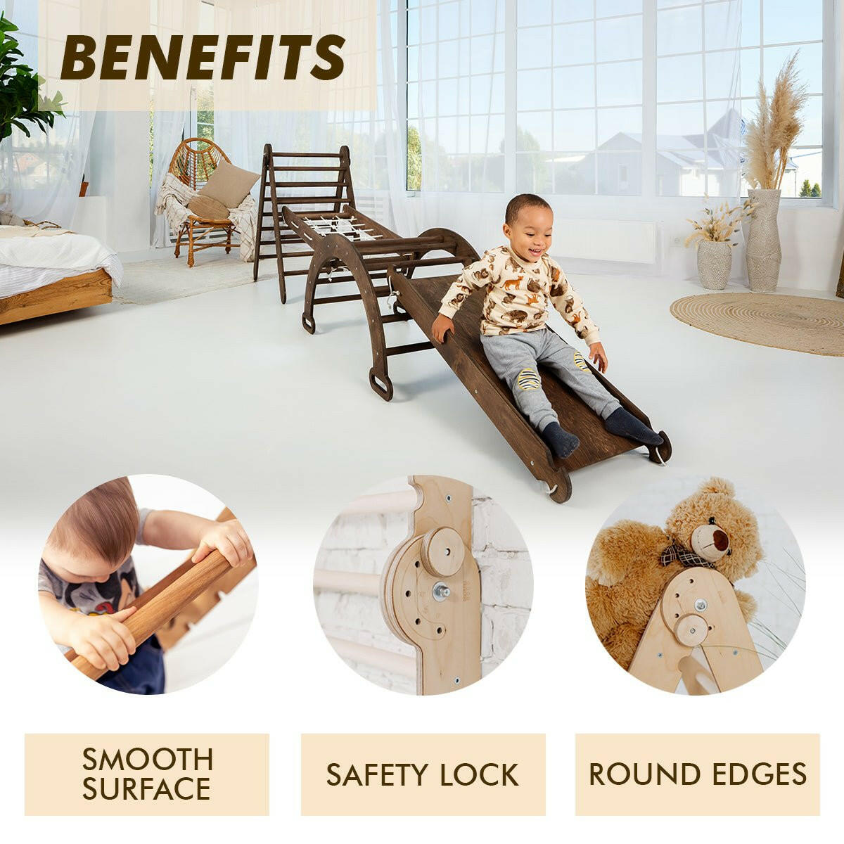5in1 Montessori Climbing Set: Triangle Ladder + Arch/Rocker + Slide Board/Ramp + Net + Cushion – Chocolate 5in1 Playsets Goodevas