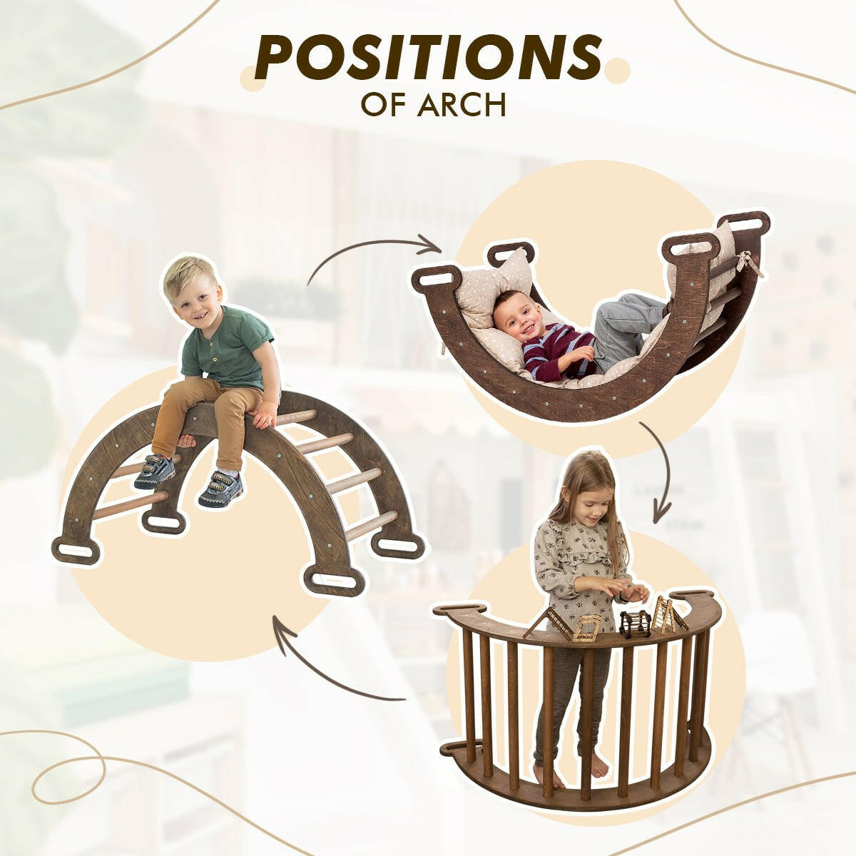 5in1 Montessori Climbing Set: Triangle Ladder + Arch/Rocker + Slide Board/Ramp + Net + Cushion – Chocolate 5in1 Playsets Goodevas