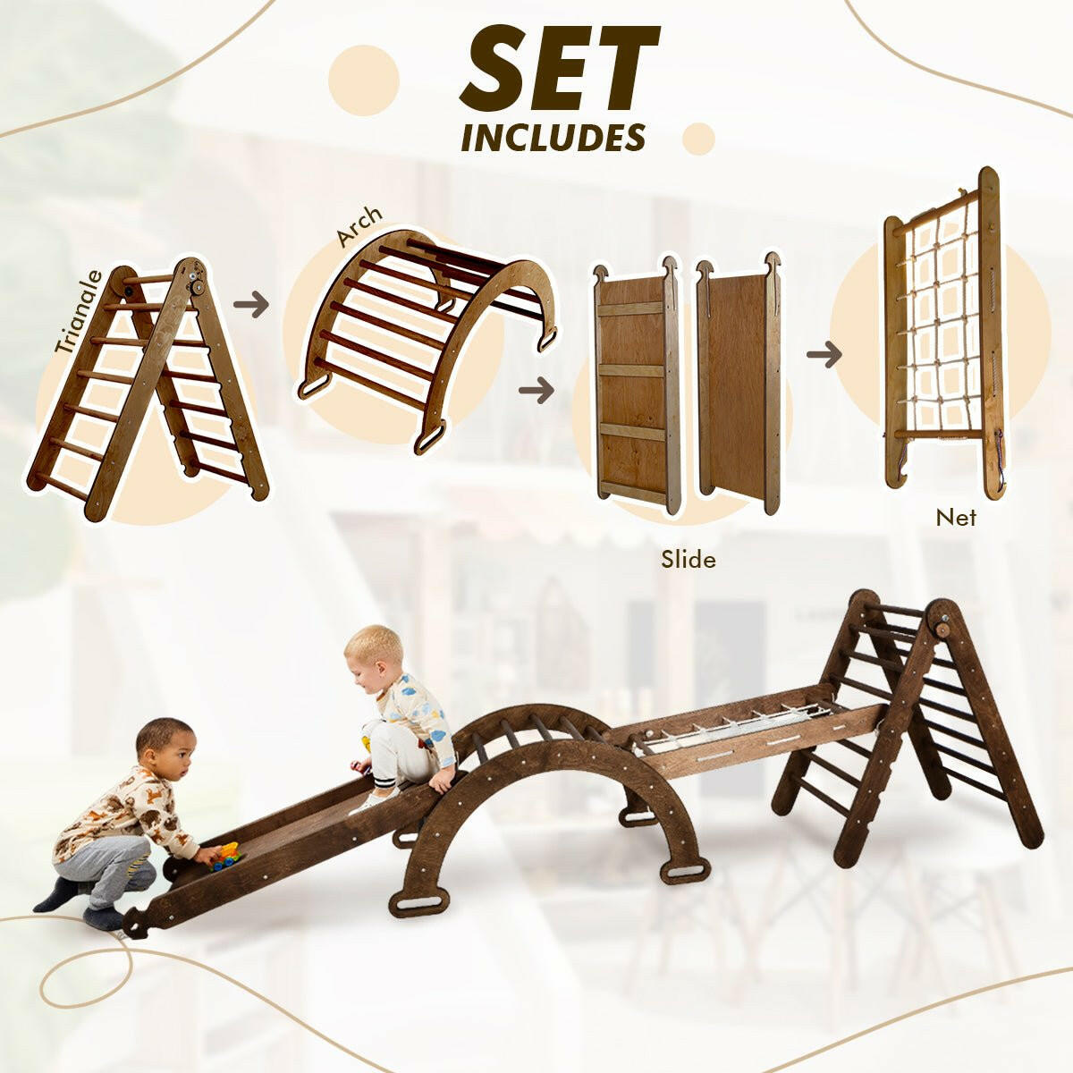 5in1 Montessori Climbing Set: Triangle Ladder + Arch/Rocker + Slide Board/Ramp + Net + Cushion – Chocolate 5in1 Playsets Goodevas