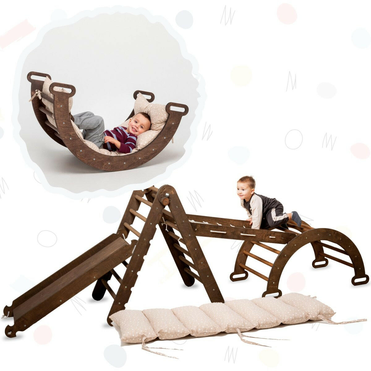 5in1 Montessori Climbing Set: Triangle Ladder + Arch/Rocker + Slide Board/Ramp + Net + Cushion – Chocolate 5in1 Playsets Goodevas Chocolate