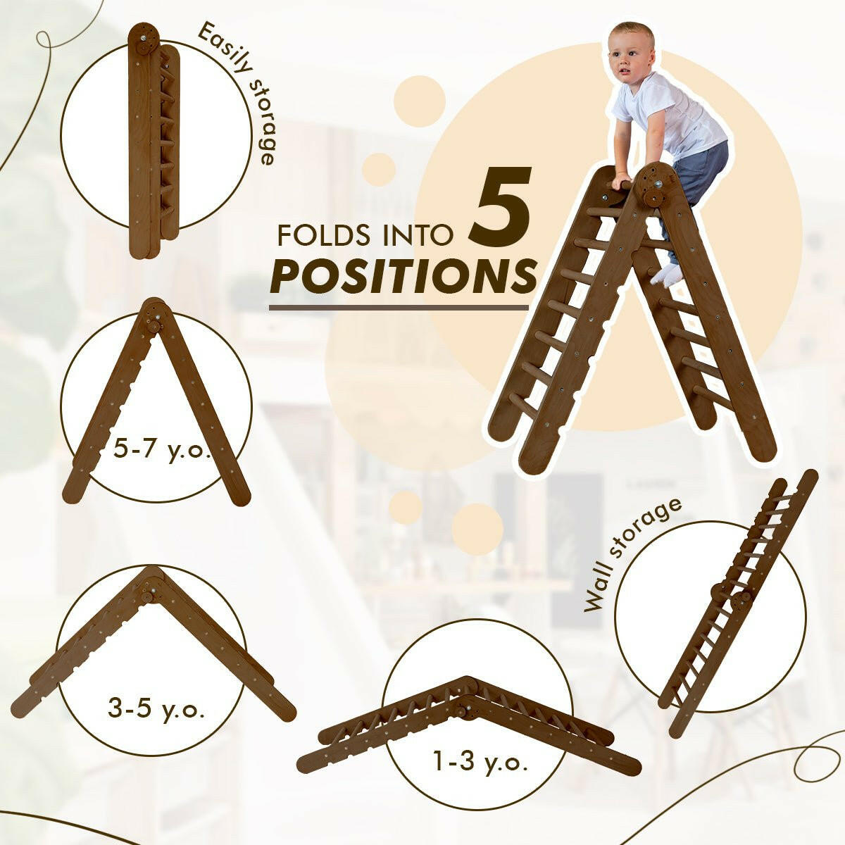 5in1 Montessori Climbing Set: Triangle Ladder + Arch/Rocker + Slide Board/Ramp + Net + Cushion – Chocolate 5in1 Playsets Goodevas