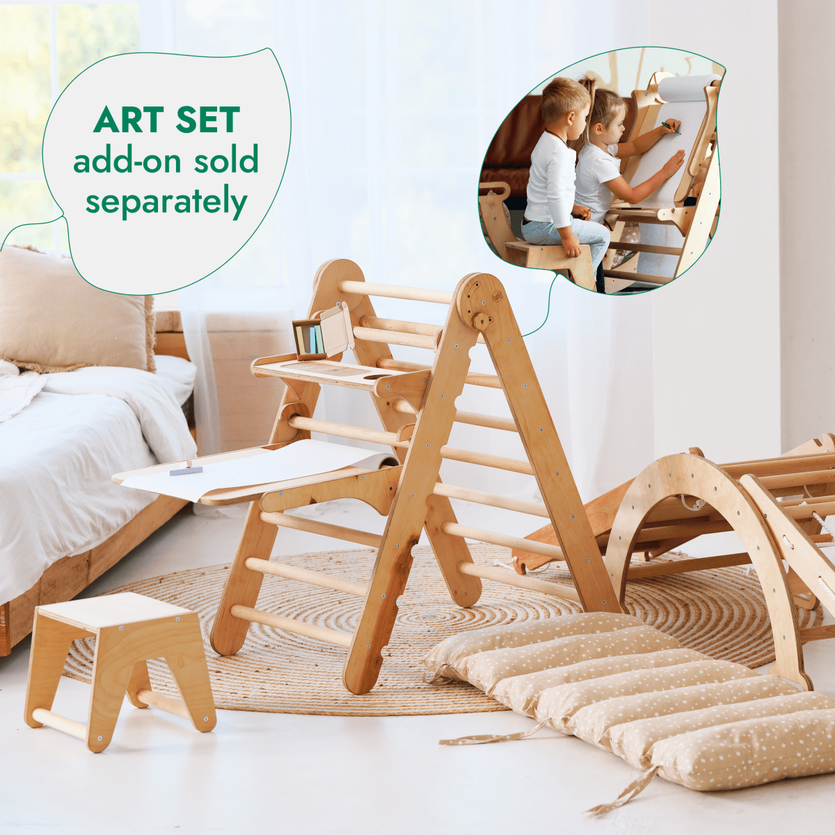 5in1 Montessori Climbing Set: Triangle Ladder + Arch/Rocker + Slide Board/Ramp + Netting rope + Cushion