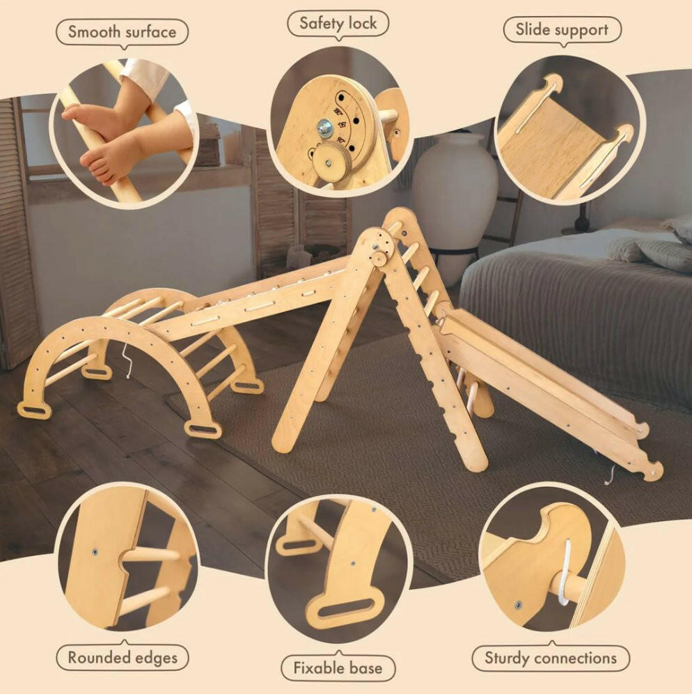 5in1 Montessori Climbing Set: Triangle Ladder + Climbing Arch + Slide Board + Climbing Net + Art Addition 5in1 Playsets Goodevas