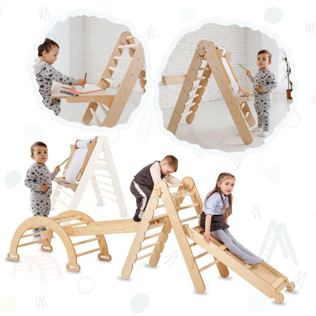 5in1 Montessori Climbing Set: Triangle Ladder + Climbing Arch + Slide Board + Climbing Net + Art Addition 5in1 Playsets Goodevas