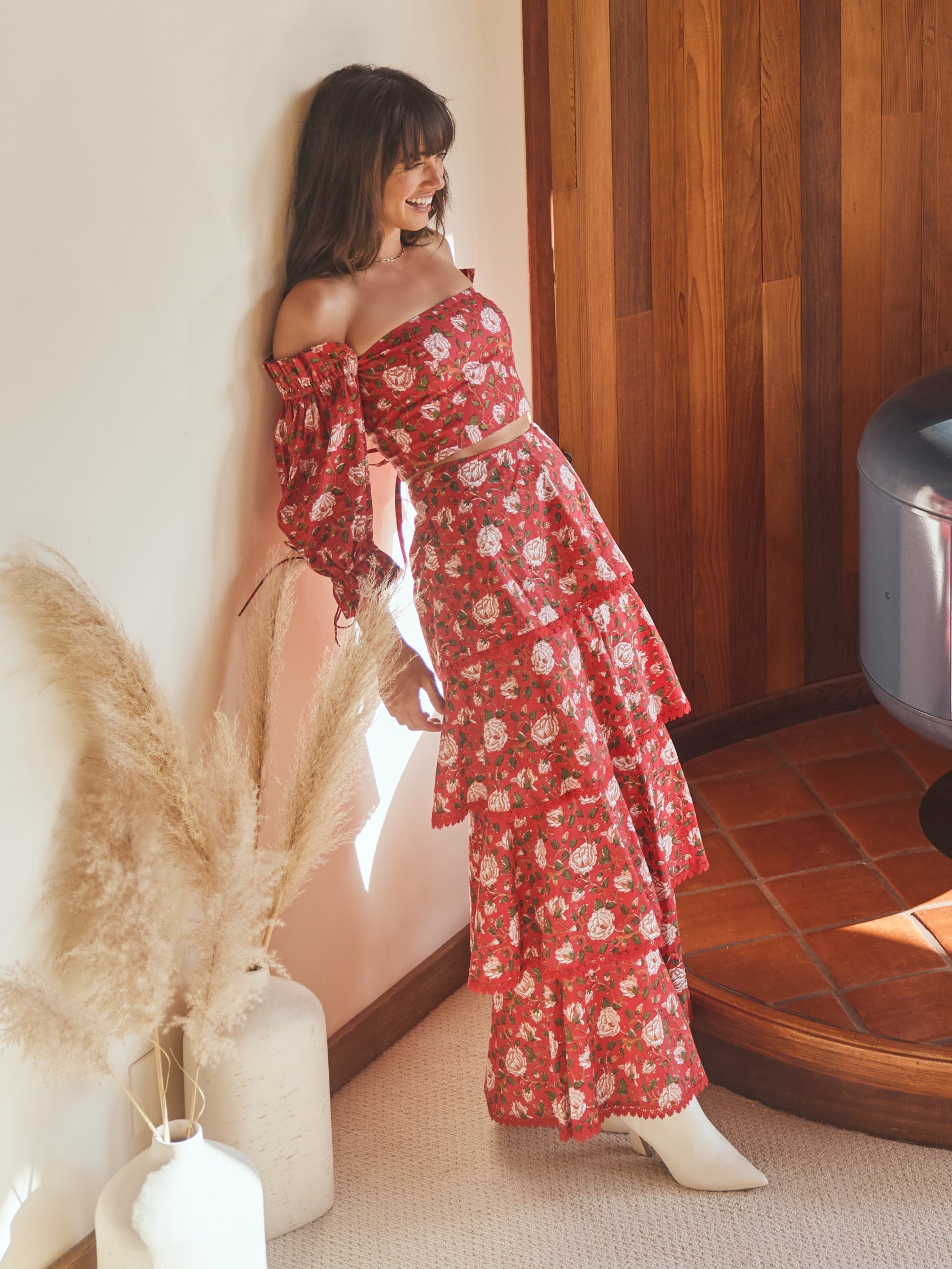 Casey Puff Sleeve Top - Scarlet/Ivory Rose Floral