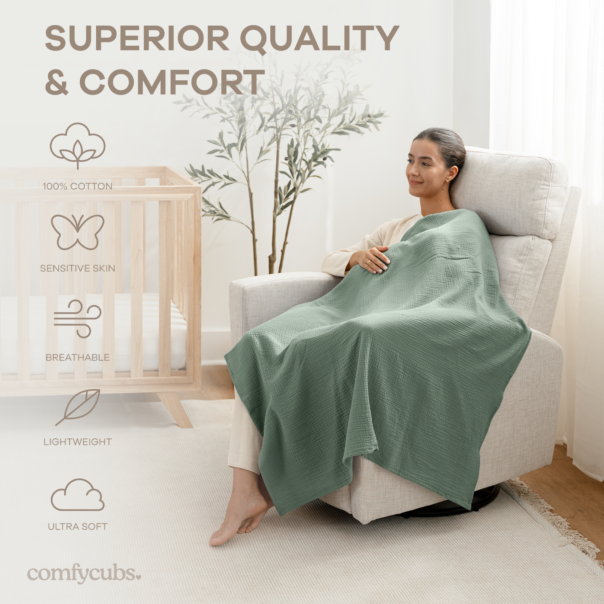 Muslin Swaddle Blankets, 42” x 42” (Neptune, Pacific Blue, Fern, Pack of 3)