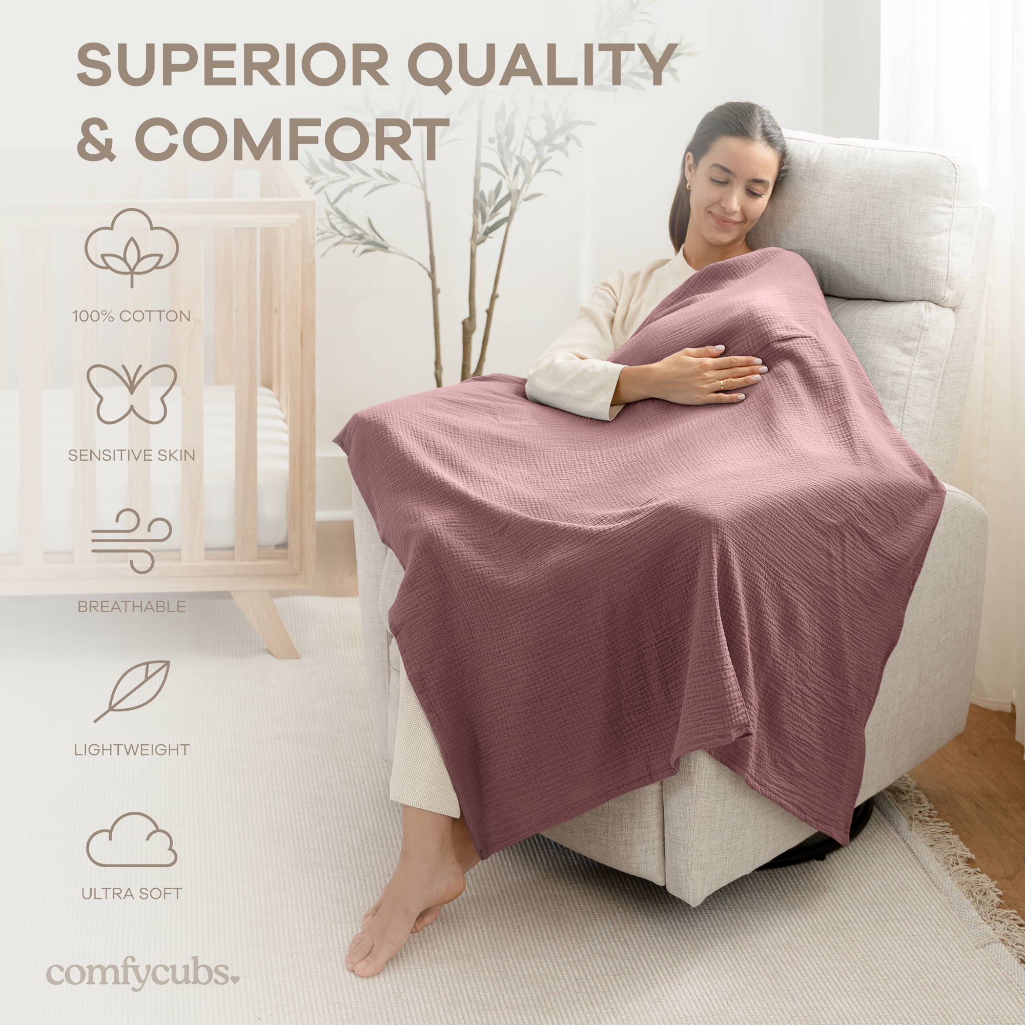 Muslin Swaddle Blankets, 42” x 42” in Cream, Blush, Mauve, Pack of 3