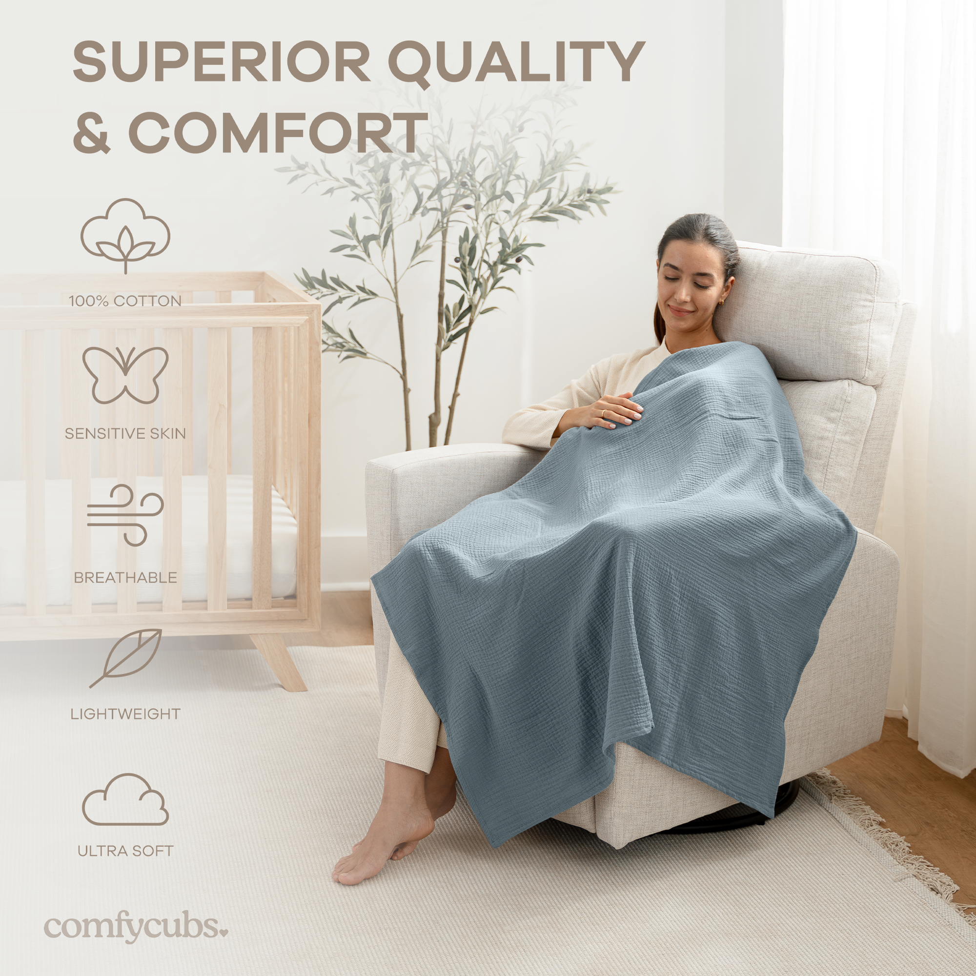 Muslin Swaddle Blankets, 42” x 42” in Heather Blue, Pacific Blue, Fern, Pack of 3