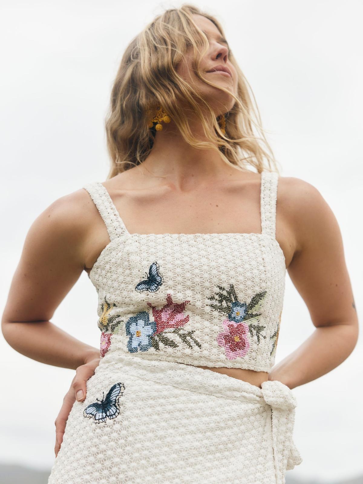 Camila Top - Cream Crochet/Multicolor Floral Embroidery - FINAL SALE