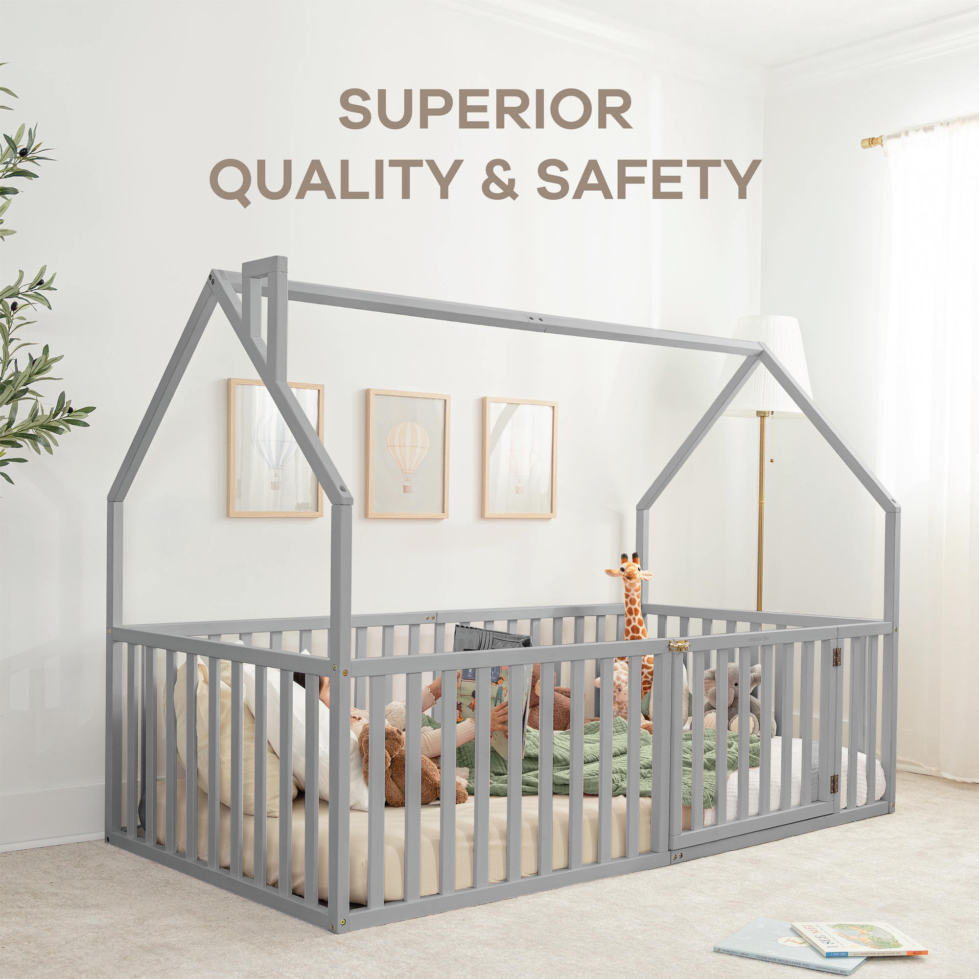 Kids House Gated Floor Bed Twin Size for Children Aged 5+, Grey