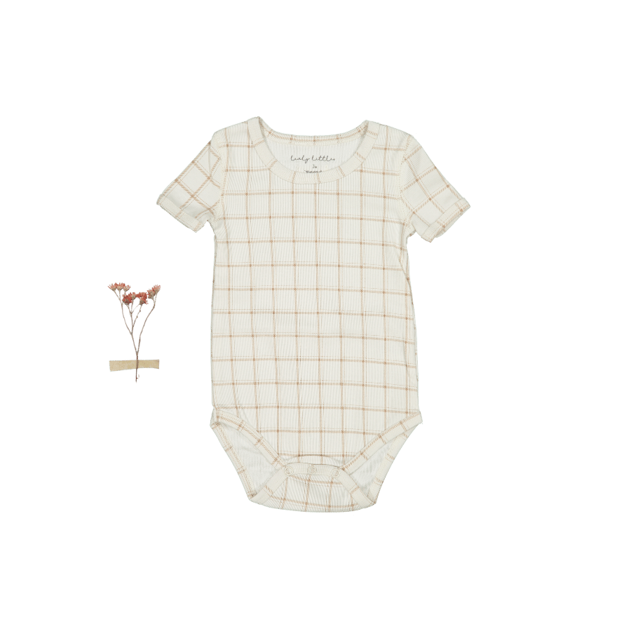 The Printed Short Sleeve Onesie - Tan Grid Short Sleeve Onesie Lovely Littles