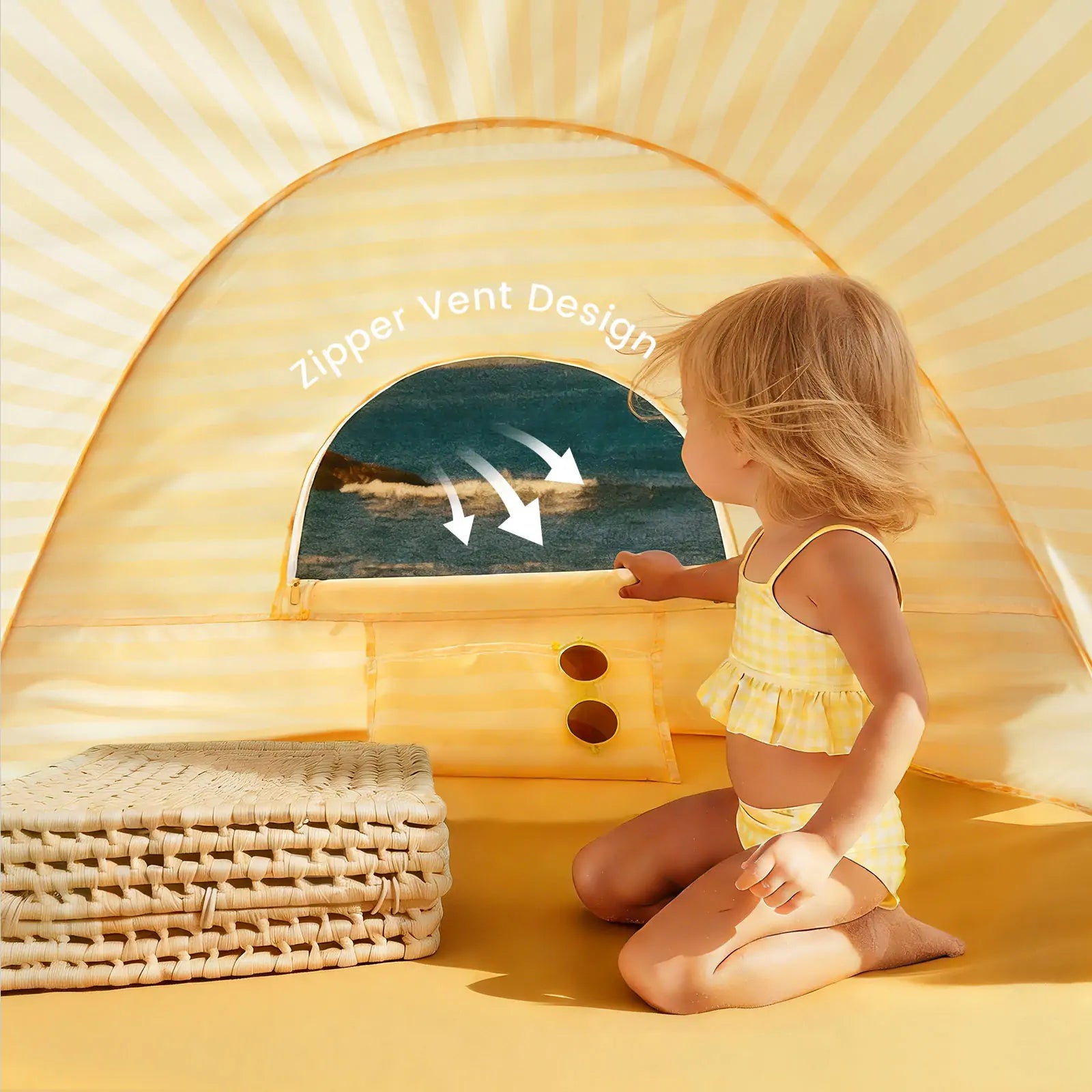 Tiny Land® One-Stop Beach Toy & Tent Set – Pastel Yellow Stripes