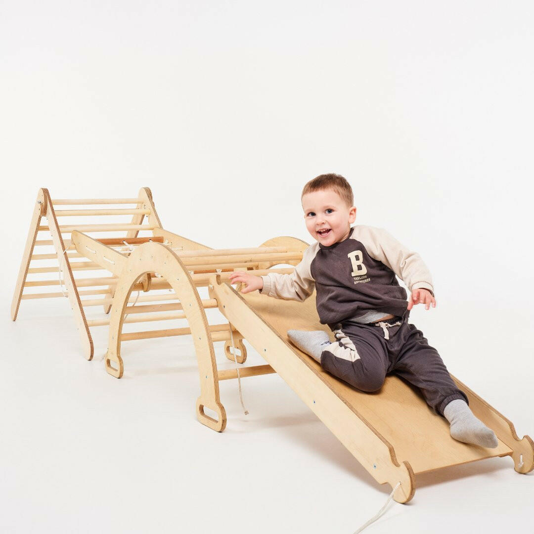 6in1 Montessori Climbing Frame Set: Triangle Ladder + Arch/Rocker + Slide/Ramp + Net + Cushion + Art Addition 6in1 Playsets Goodevas